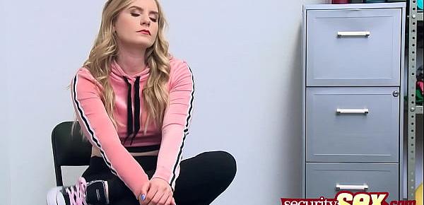  Beautiful blonde teen with pink pussy and nipples receives what she deserves by a horny guard.